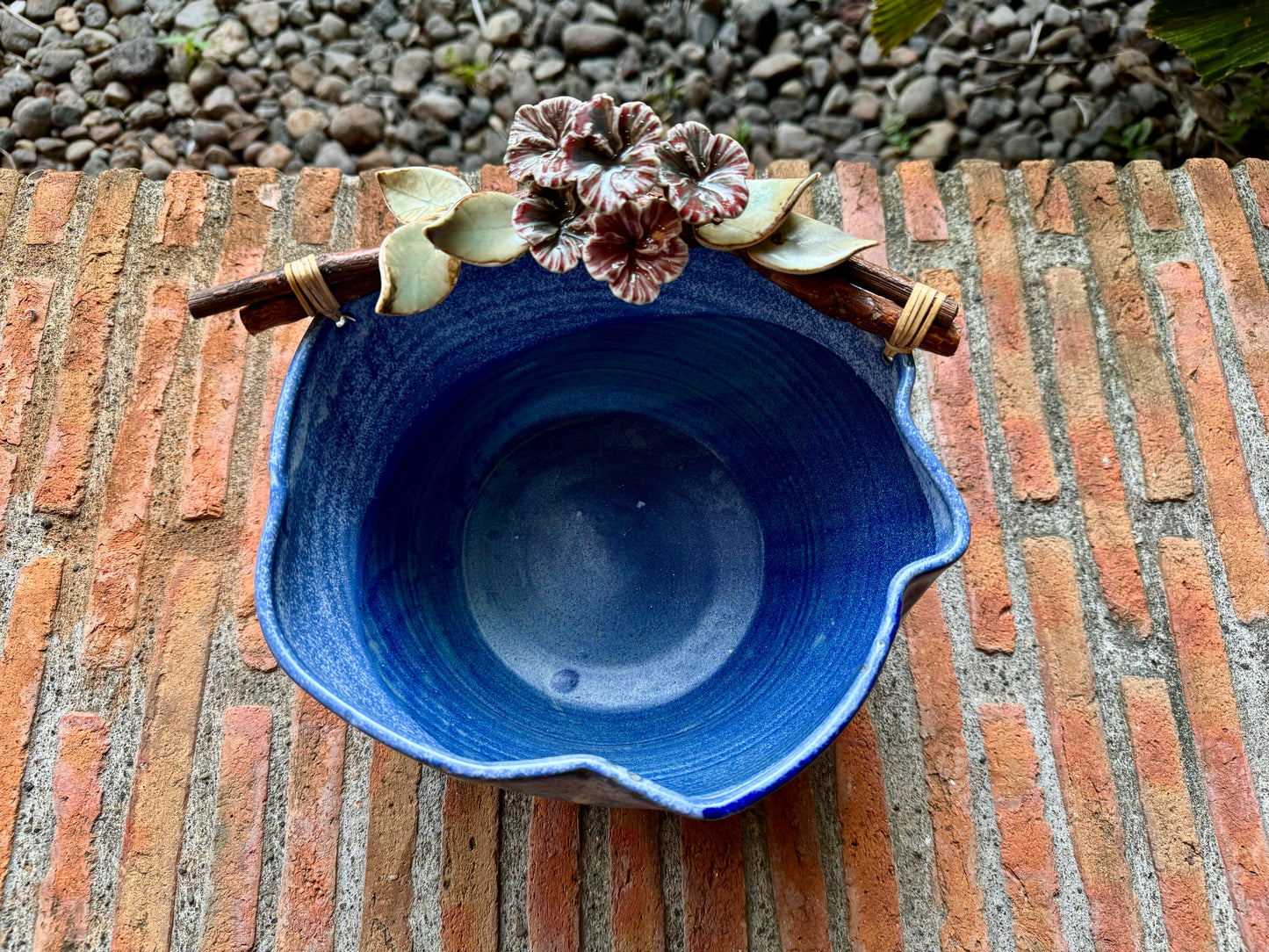 Red Gumamela on Vines Blue Bowl (Large)