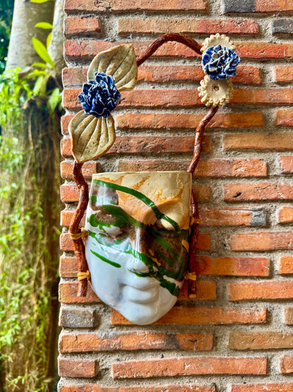 Mask w/ Flowers Wall Hang (Green & Reddish Brown on White Glaze)