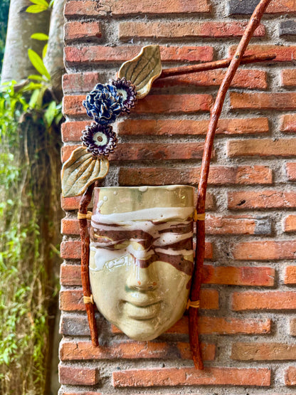Mask w/ Flowers Wall Hang (White & Reddish Brown on Celadon Glaze)