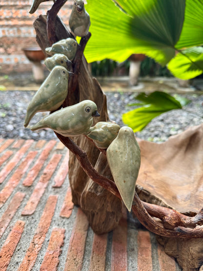 Teak Wood Bowl with Ceramic Birds on Roots Tabletop
