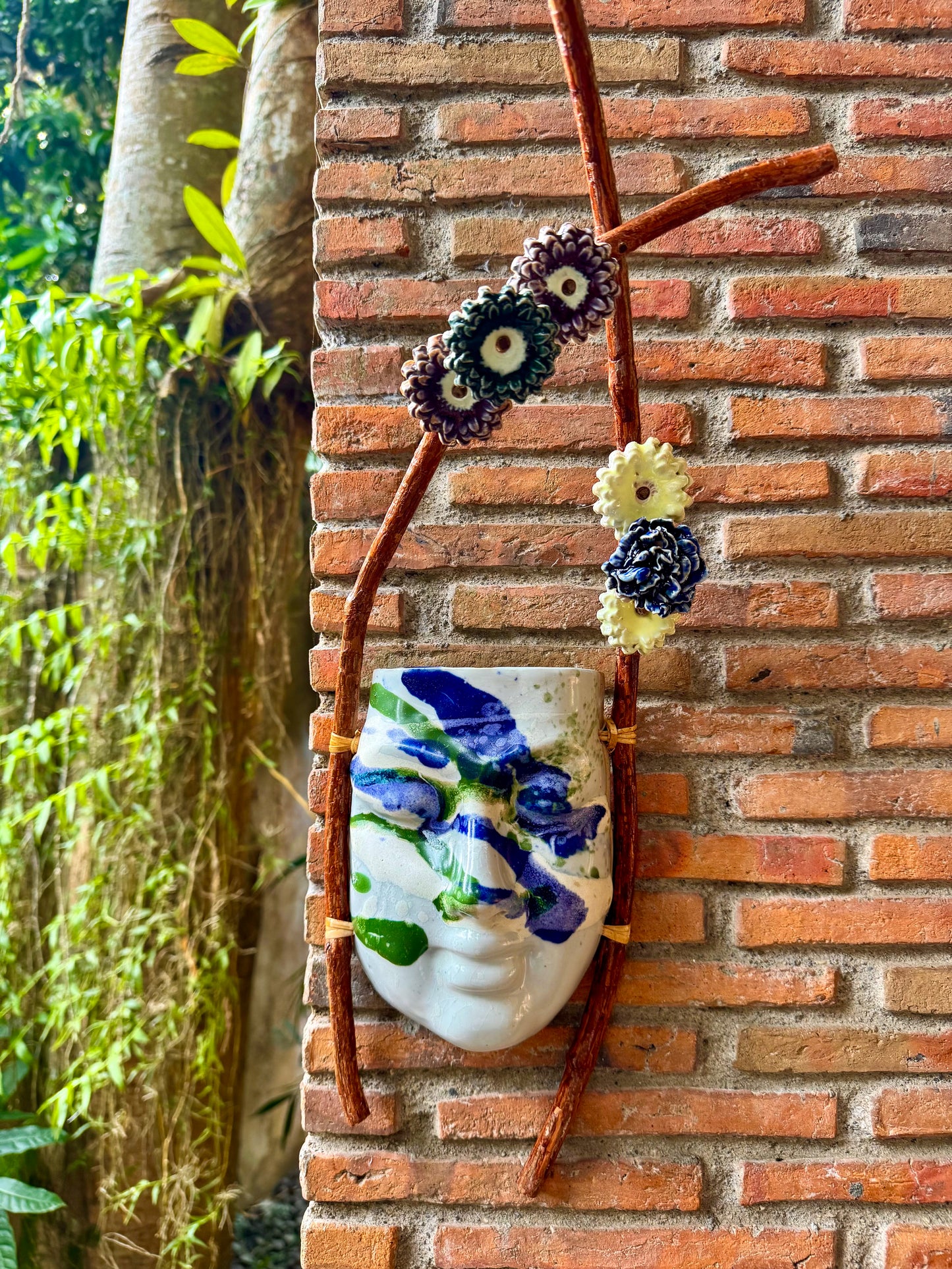 Mask w/ Flowers Wall Hang (Blue & Green on White Glaze)