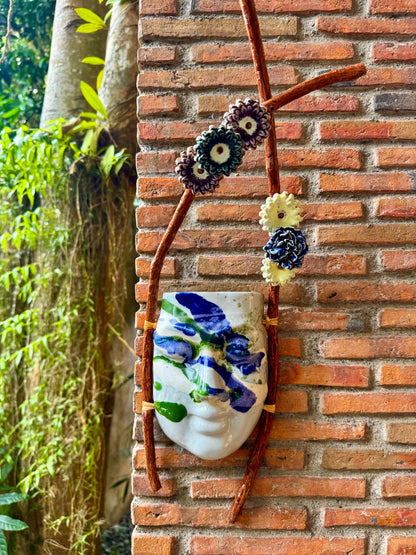 Mask w/ Flowers Wall Hang (Blue & Green on White Glaze)