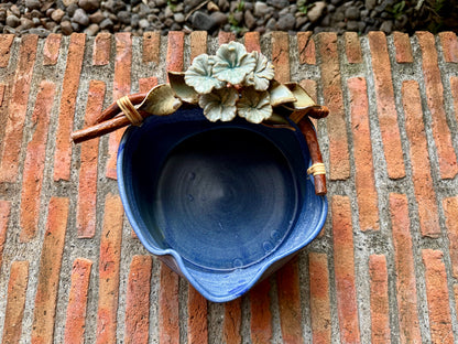 White Gumamela on Vines Blue Bowl (Medium)