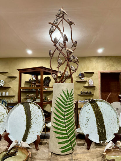 Hand-painted Woodstone Vase with Birds on Vines