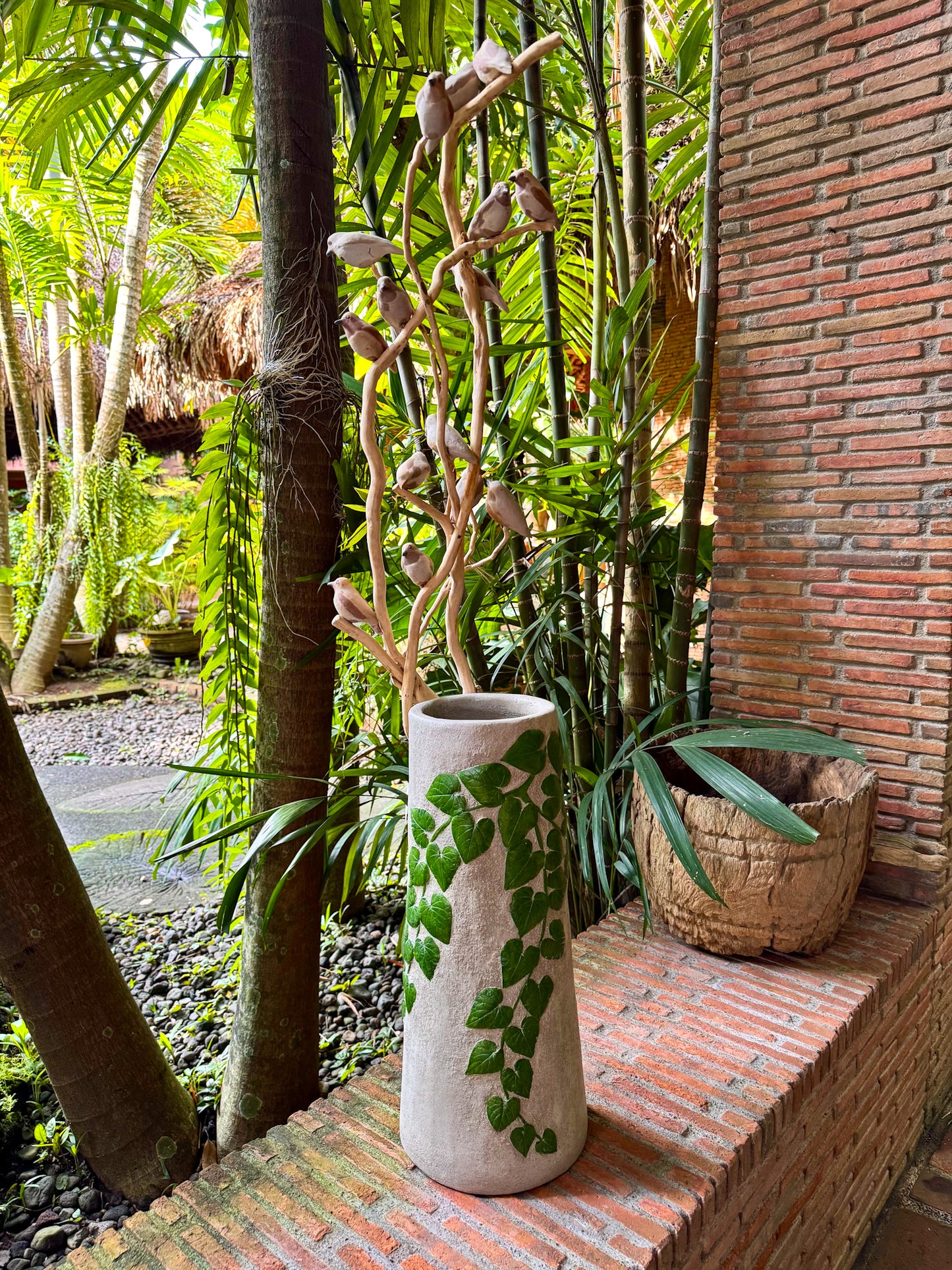 Hand-painted Woodstone Vase with Birds on Roots
