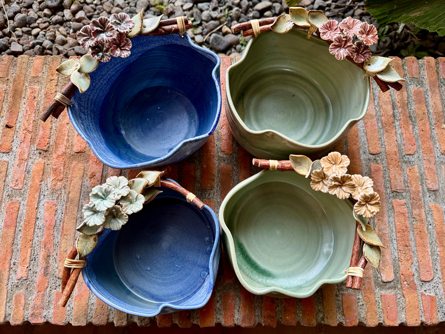 White Gumamela on Vines Blue Bowl (Medium)