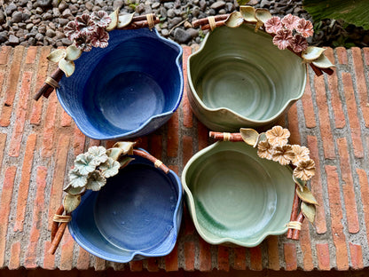 White Gumamela on Vines Blue Bowl (Medium)